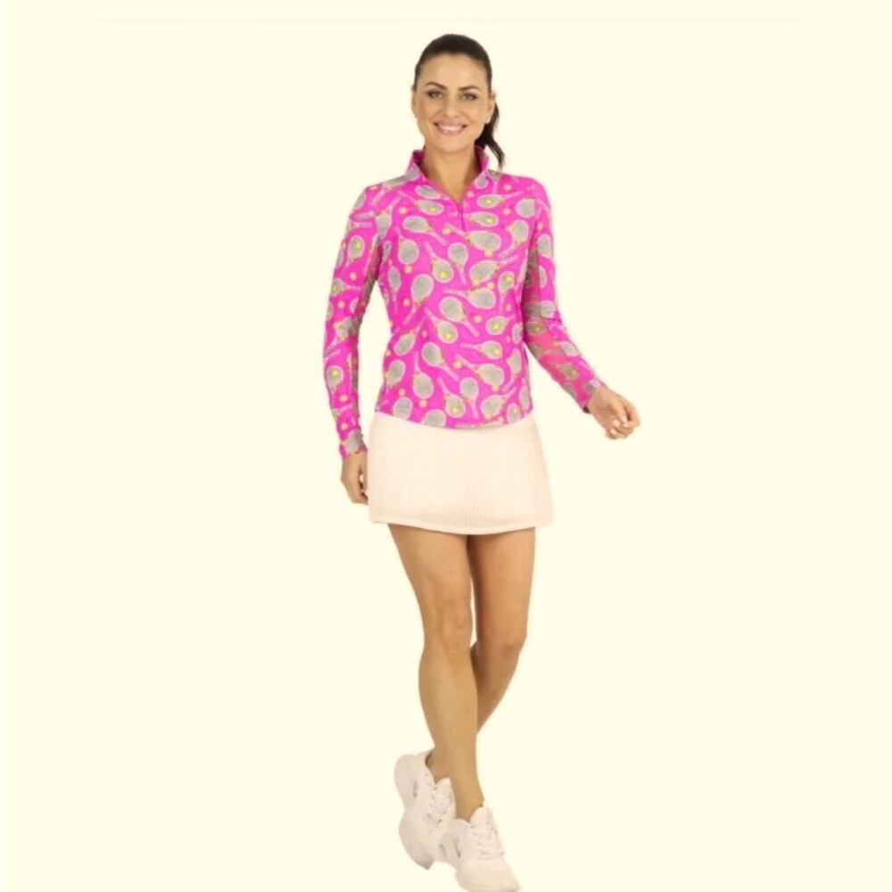 IBKUL Venus Hot Pink Tennis Racket Print Women's Top Size Medium Long Sleeved - Picture 2 of 10